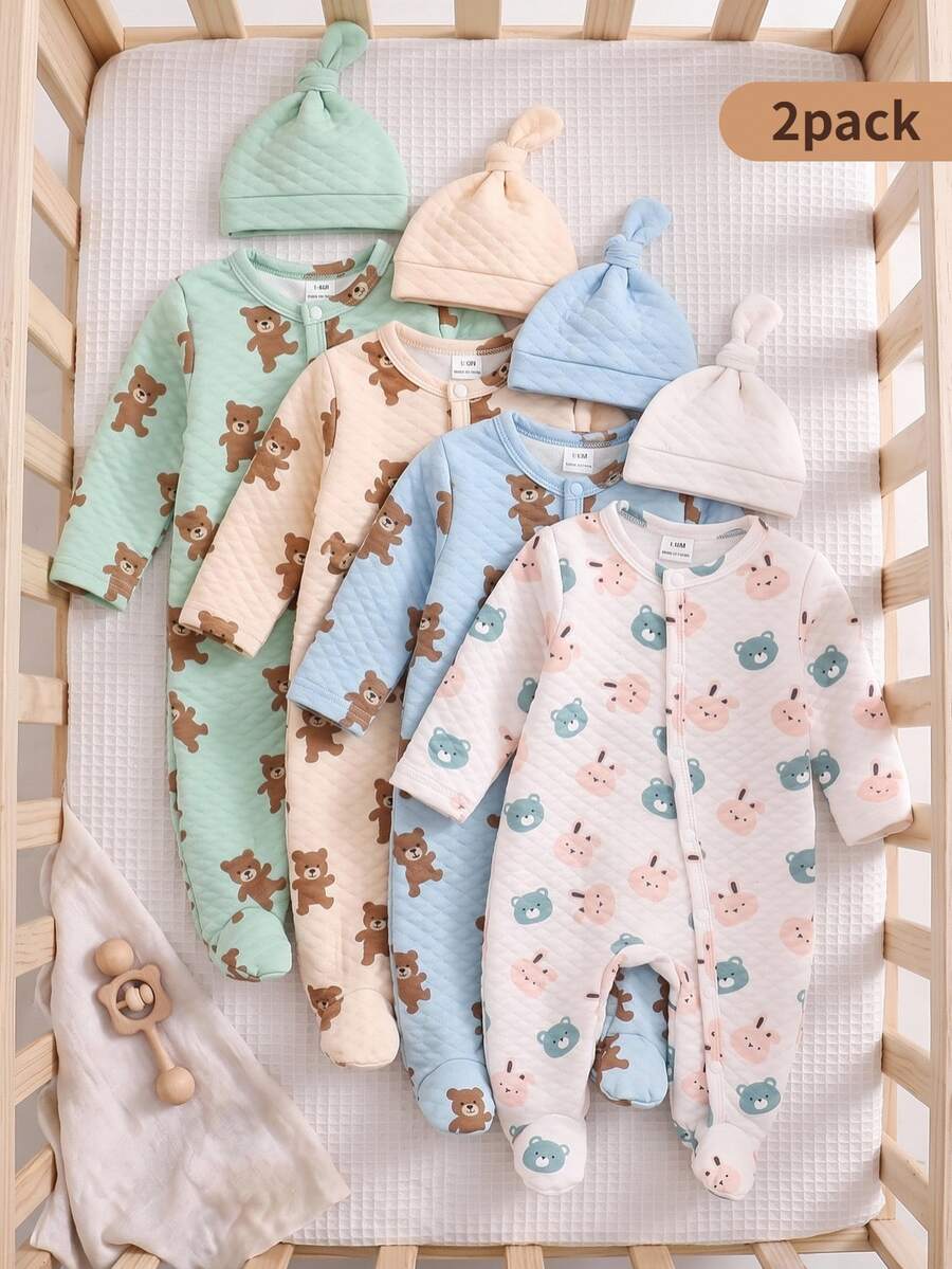 2pcs Newborn Comfortable Soft Warm Cute Fashionable Jacquard Fabric Bean Green Bear & Rabbit All-Over Print Round Neck Long Sleeve Footed Button-Up Romper - Multicolor - View 1