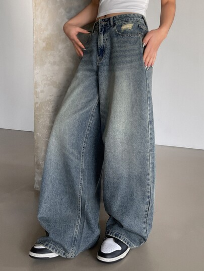 DAZY Jeans a gamba larga da donna con tasche, jeans comodi e morbidi