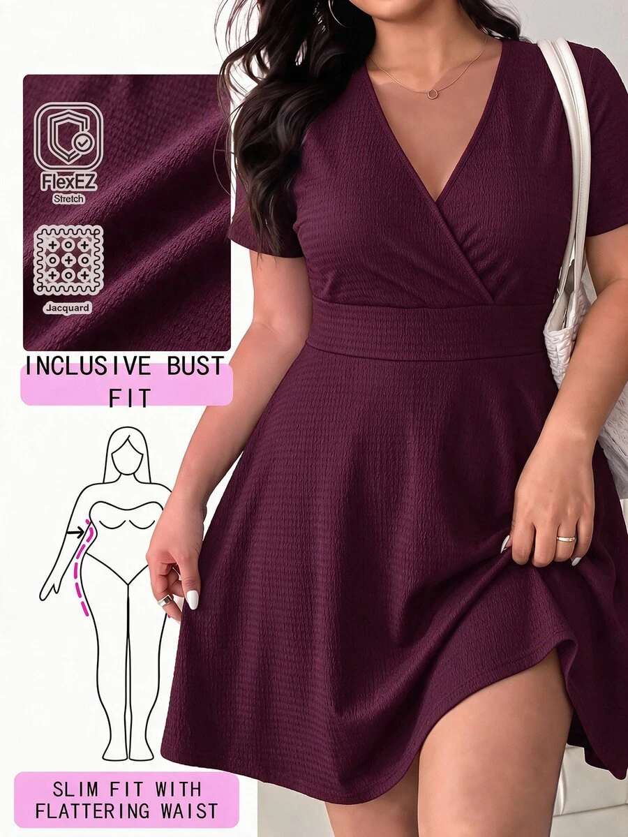 Solflare Plus Size Women Solid Color Overlap V-Neck Short Sleeve Casual Dress - Burgundy - View 1