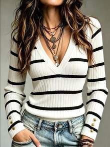 Trelyra Women's Ribbed V-Neck Long Sleeve Casual Ribbed T-Shirt - Black and White - View 1