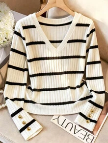 Trelyra Women's Ribbed V-Neck Long Sleeve Casual Ribbed T-Shirt - Black and White - View 4