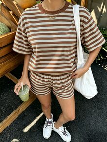 青少年女孩休閒極簡風條紋短袖上衣與短褲兩件套，適合S號 - 白色 - 查看 6