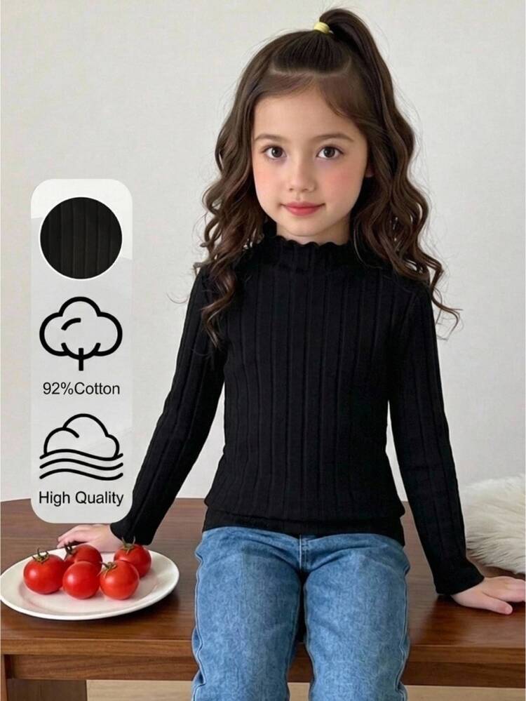 Young Girl Autumn/Winter Solid Black 92% Cotton Ribbed High Neck Knit Tops, Tops Back To School Halloween Autumn Pullover - Black - View 9