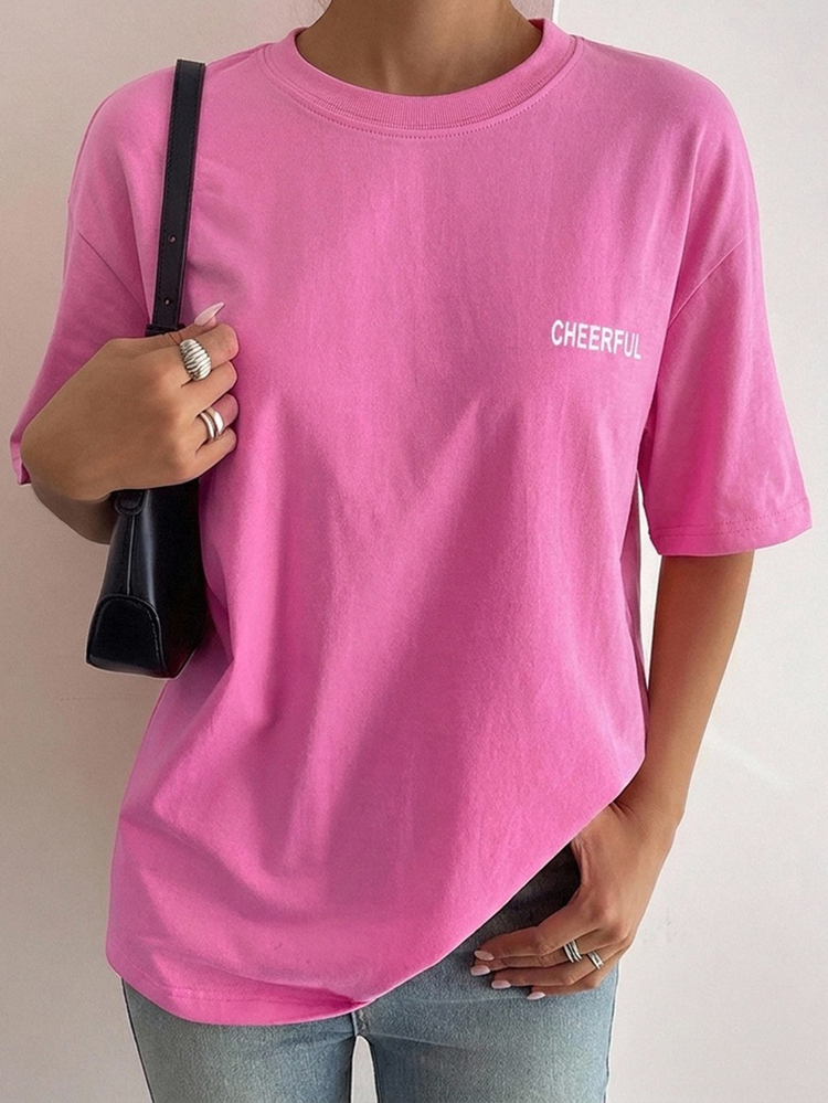 DAZY Women's Letter Print Casual Round Neck Short Sleeve T-Shirt, Summer School - Pink - View 5