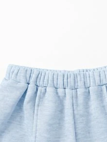 SHEIN Girlism 青少年女孩秋冬休閒保暖內裡加厚運動衫套裝，紐約市印花寬鬆圓領落肩長袖套頭運動衫搭配同款印花百褶寬腿直筒運動長褲，2件式運動休閒套裝，藍色 - 藍色 - 查看 5