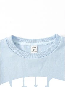 SHEIN Girlism 青少年女孩秋冬休閒保暖內裡加厚運動衫套裝，紐約市印花寬鬆圓領落肩長袖套頭運動衫搭配同款印花百褶寬腿直筒運動長褲，2件式運動休閒套裝，藍色 - 藍色 - 查看 3