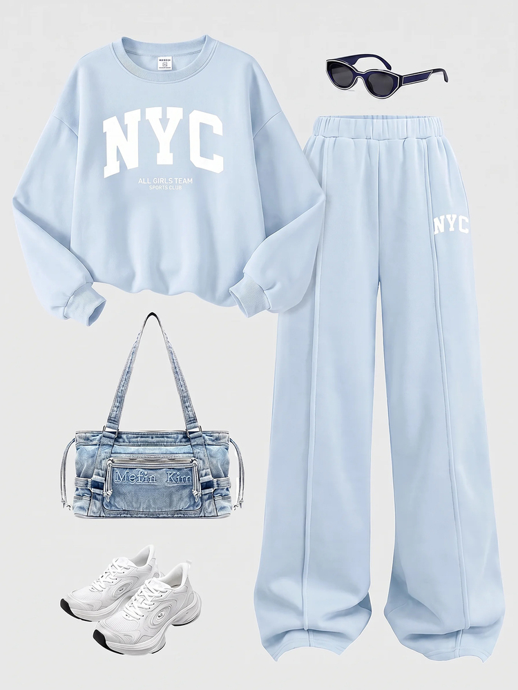 SHEIN Girlism Tween Girl Autumn/Winter Casual Fleece Lined Thick Sweatshirt Set, New York City Print Loose Round Neck Drop Shoulder Long Sleeve Pullover Sweatshirt And Matching Print Pleated Wide Leg Straight Sweatpants, 2-Piece Sporty Sweatshirt Set, Blue - Blue - View 1