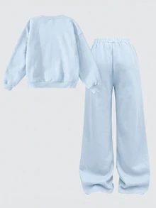 SHEIN Girlism 青少年女孩秋冬休閒保暖內裡加厚運動衫套裝，紐約市印花寬鬆圓領落肩長袖套頭運動衫搭配同款印花百褶寬腿直筒運動長褲，2件式運動休閒套裝，藍色 - 藍色 - 查看 2