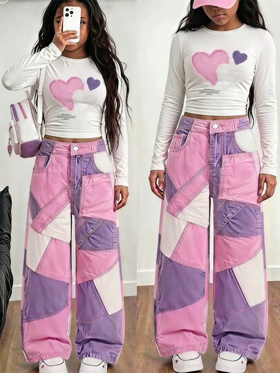 Tween Girl) Streetwear Set, Fall Outfits, Fall Tops, Fall, Denim-Like Patchwork Heart Print Knitted White Long Sleeve T-Shirt And Ca...