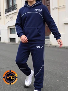 SHEIN 青少年男孩秋冬保暖內裡新款拼接運動套裝，字母連帽上衣與收口長褲2件套，舒適百搭校園風 - 黑色 - 查看 4