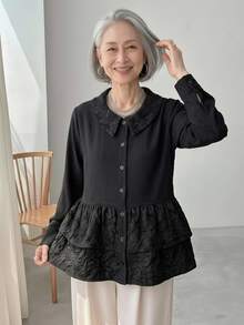 FRIFUL Women's Versatile French Style Button Ruffle Hem Long Sleeve Blouse Fall Fancy Senior Black Elegant Casual Granny Formal Party Night Family Matching - Black - View 6