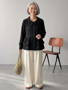 FRIFUL Women's Versatile French Style Button Ruffle Hem Long Sleeve Blouse Fall Fancy Senior Black Elegant Casual Granny Formal Party Night Family Matching - Black - View 3