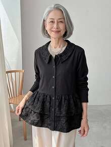 FRIFUL Women's Versatile French Style Button Ruffle Hem Long Sleeve Blouse Fall Fancy Senior Black Elegant Casual Granny Formal Party Night Family Matching - Black - View 7