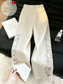 GlowEve Women's Casual Lace Floral Embroidery Design Straight Leg Pants - White - View 1
