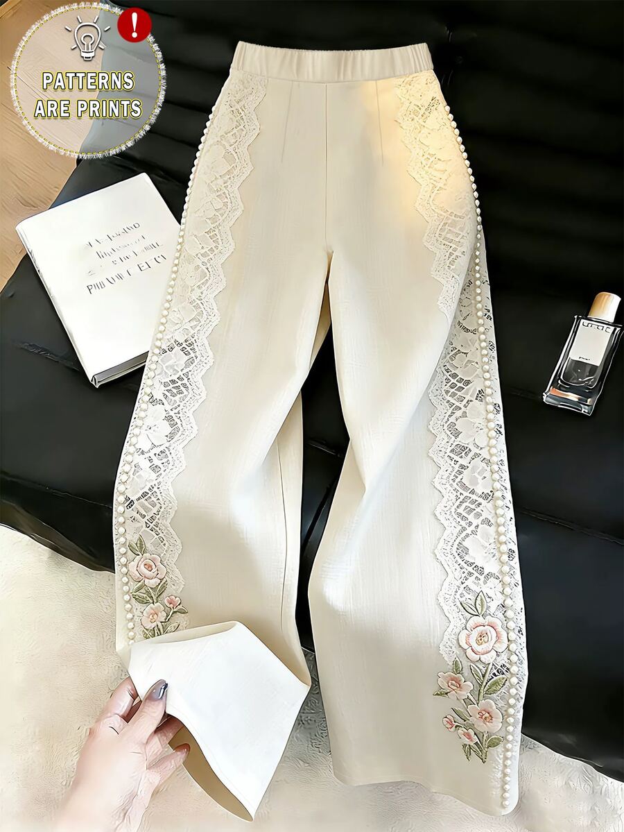 GlowEve Women's Casual Lace Floral Embroidery Design Straight Leg Pants - White - View 1
