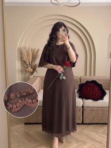 Modelyn Gaun Panjang Model Cape Leher Bulat Berpotongan A-Line dengan Hiasan Renda Cokelat untuk Wanita Ukuran Plus, Cocok untuk Pakaian Sehari-hari dan Acara Musim Semi, Musim Panas, dan Musim Gugur - Coklat - View 6