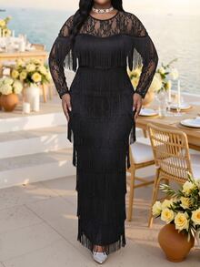 SHEIN Lady Plus Size Elegant Celestial Party Cocktail Theme Party Lace Patchwork Multi-Layer Tassel Dress Autumn Halloween Black - Black - View 4