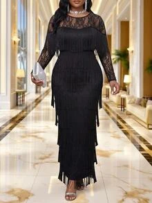 SHEIN Lady Plus Size Elegant Celestial Party Cocktail Theme Party Lace Patchwork Multi-Layer Tassel Dress Autumn Halloween Black - Black - View 8