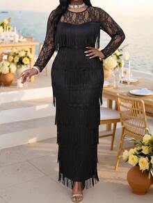 SHEIN Lady Plus Size Elegant Celestial Party Cocktail Theme Party Lace Patchwork Multi-Layer Tassel Dress Autumn Halloween Black - Black - View 5
