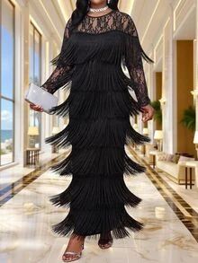 SHEIN Lady Plus Size Elegant Celestial Party Cocktail Theme Party Lace Patchwork Multi-Layer Tassel Dress Autumn Halloween Black - Black - View 6