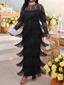 SHEIN Lady Plus Size Elegant Celestial Party Cocktail Theme Party Lace Patchwork Multi-Layer Tassel Dress Autumn Halloween Black - Black - View 1