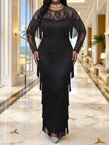 SHEIN Lady Plus Size Elegant Celestial Party Cocktail Theme Party Lace Patchwork Multi-Layer Tassel Dress Autumn Halloween Black - Black - View 9