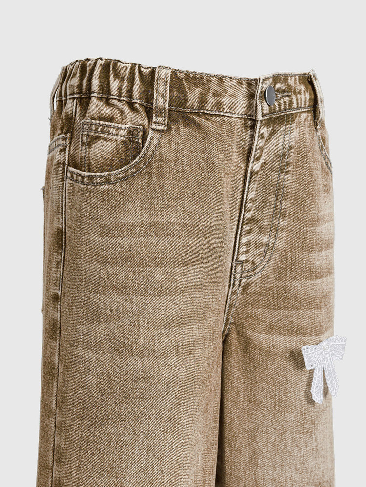 SHEIN Elladie kids Quần jean denim cho bé gái tuổi teen, ống rộng phong cách thoải mái, thêu hình trái tim như tín hiệu nhịp tim mang nét lãng mạn kín đáo, đi học - Màu Khaki - Xem 5