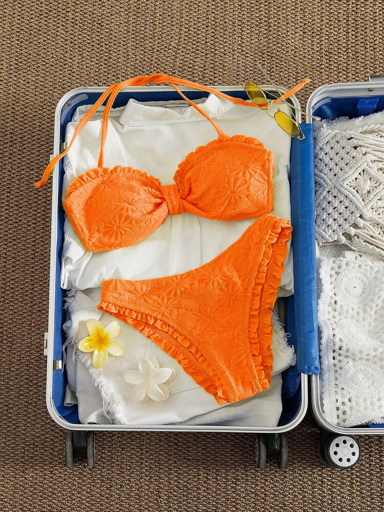 Swim Mod Women Burnt Orange Two Pieces Swimwear,Floral Embossed Ruffled Bikini Set,Convertible Bandeau Top,High-Cut Bottoms,Cute Summer Beach Holiday Holiday - Orange - View 3
