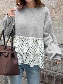FRIFUL Polka Dot Print Drop Shoulder Layered Ruffle Hem Sweatshirt Brunch Black And White Polka Dot Autumn Casual - Grey - View 2