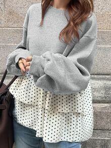 FRIFUL Polka Dot Print Drop Shoulder Layered Ruffle Hem Sweatshirt Brunch Black And White Polka Dot Autumn Casual - Grey - View 8