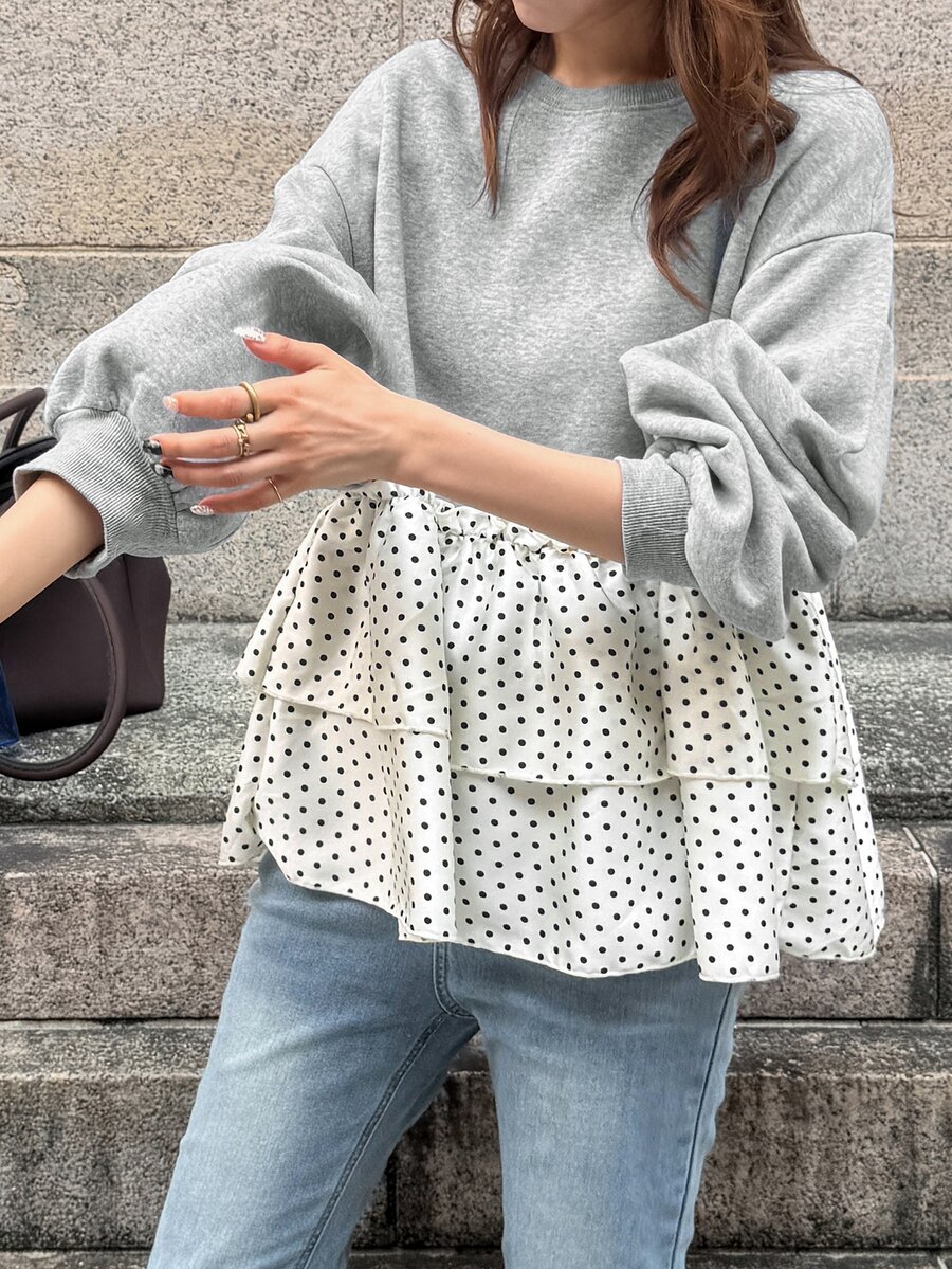 FRIFUL Polka Dot Print Drop Shoulder Layered Ruffle Hem Sweatshirt Brunch Black And White Polka Dot Autumn Casual - Grey - View 1