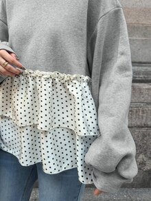 FRIFUL Polka Dot Print Drop Shoulder Layered Ruffle Hem Sweatshirt Brunch Black And White Polka Dot Autumn Casual - Grey - View 5