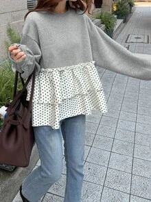 FRIFUL Polka Dot Print Drop Shoulder Layered Ruffle Hem Sweatshirt Brunch Black And White Polka Dot Autumn Casual - Grey - View 3