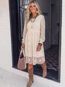 LanaWest Autumn New French Bohemian Boho Vacation Hollow Out Long Sleeve Lace Short Dress, A-Line Full Skirt, Flared Hem, Loose Vintage, Carnival, White Lace - Apricot - View 3