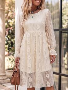 LanaWest Autumn New French Bohemian Boho Vacation Hollow Out Long Sleeve Lace Short Dress, A-Line Full Skirt, Flared Hem, Loose Vintage, Carnival, White Lace - Apricot - View 4