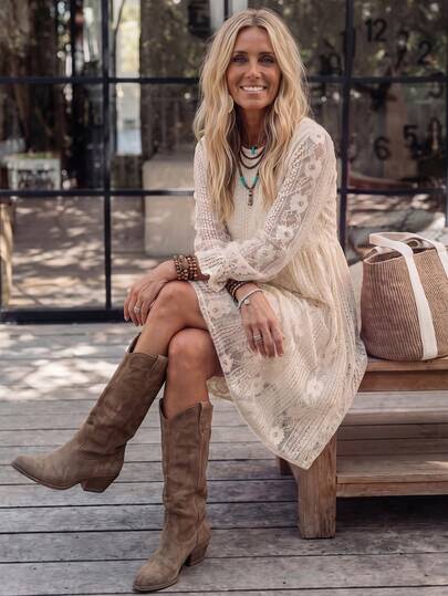 LanaWest Herbst Neu Französischer Boho-Stil Urlaub Kleid mit Lochmuster, Langarm Spitze Kurzes Kleid, A-Linie Voller Rock, Ausgestellter Saum, Locker Vintage, Karneval, Weiße Spitze