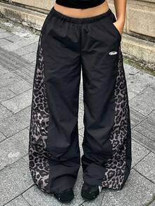 青少年女孩夏季街頭風學院風賽事日復古嬉皮豹紋拼接黑色寬鬆降落傘長褲 - 黑色 - 查看 4