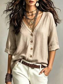 OPHERINE Women's New V-Neck Blouse, Versatile Casual Vacation Style - Apricot - View 4