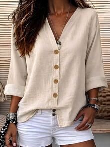 OPHERINE Women's New V-Neck Blouse, Versatile Casual Vacation Style - Apricot - View 3