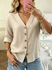 OPHERINE Women's New V-Neck Blouse, Versatile Casual Vacation Style - Apricot - View 6