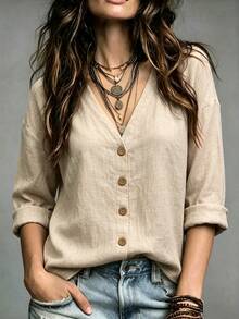 OPHERINE Women's New V-Neck Blouse, Versatile Casual Vacation Style - Apricot - View 1