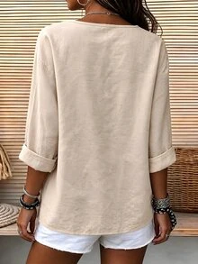 OPHERINE Women's New V-Neck Blouse, Versatile Casual Vacation Style - Apricot - View 2