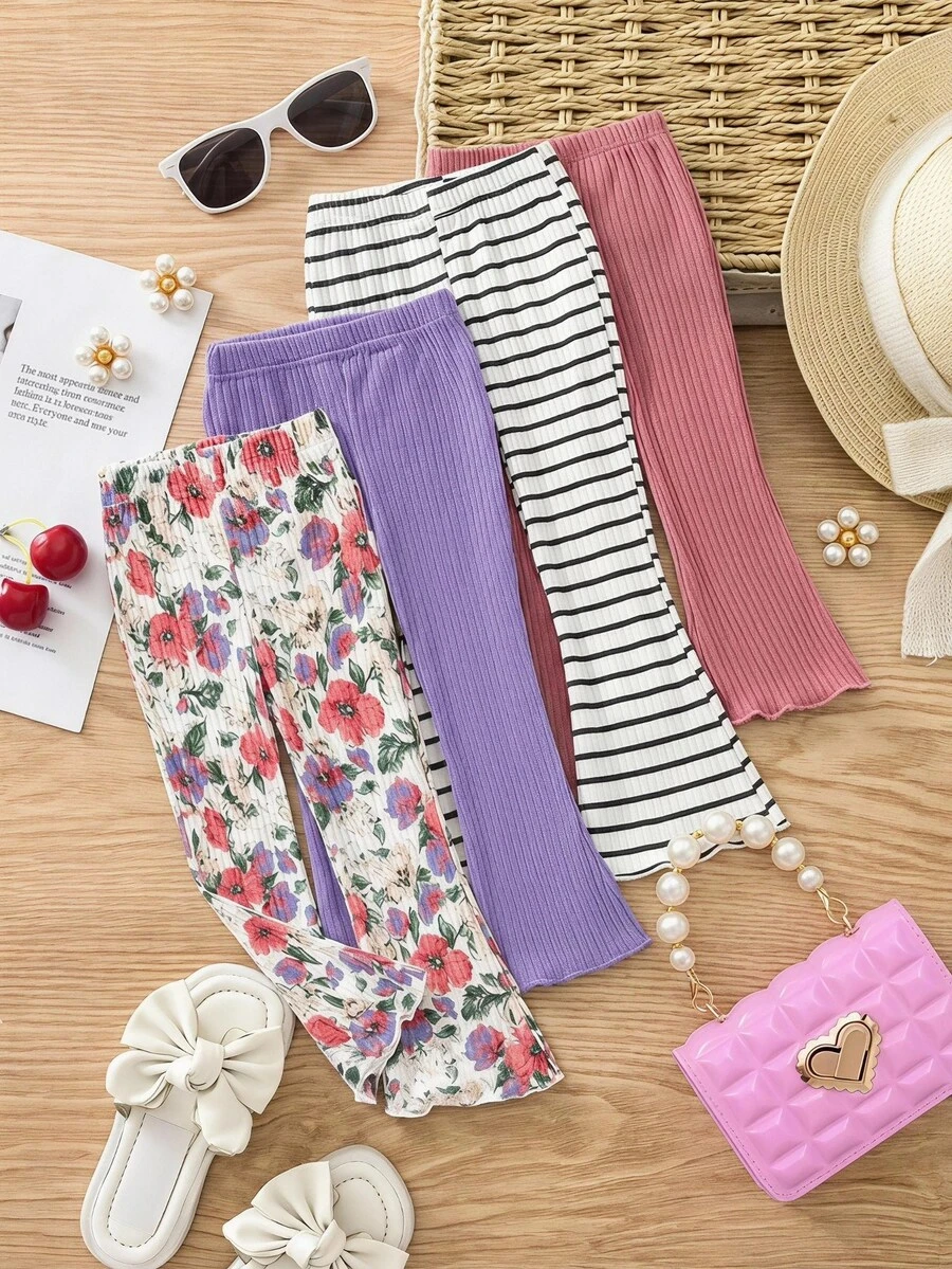 SHEIN 4pcs Young Girl Casual Versatile Floral Ribbed Print Solid Color Flared Pants, School, Campus, College Chic For Autumn/Winter Rainbow Purple - Multicolor - View 1