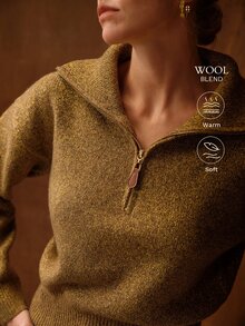 MOTF PREMIUM WOMEN'S GOLD BROWN LOOSE DROP SHOULDER HALF-ZIP PLACKET SWEATER - Multicolor - View 1