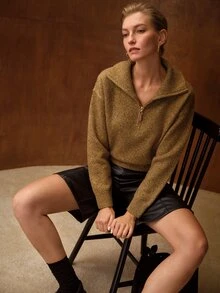 MOTF PREMIUM WOMEN'S GOLD BROWN LOOSE DROP SHOULDER HALF-ZIP PLACKET SWEATER - Multicolor - View 5