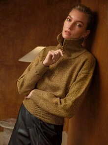 MOTF PREMIUM WOMEN'S GOLD BROWN LOOSE DROP SHOULDER HALF-ZIP PLACKET SWEATER - Multicolor - View 6