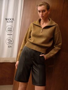MOTF PREMIUM WOMEN'S GOLD BROWN LOOSE DROP SHOULDER HALF-ZIP PLACKET SWEATER - Multicolor - View 2