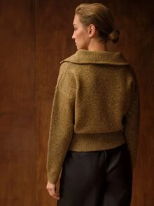 MOTF PREMIUM WOMEN'S GOLD BROWN LOOSE DROP SHOULDER HALF-ZIP PLACKET SWEATER - Multicolor - View 3