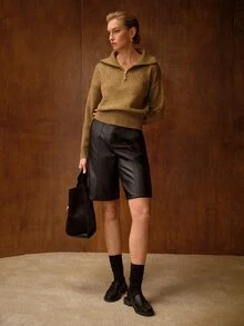 MOTF PREMIUM WOMEN'S GOLD BROWN LOOSE DROP SHOULDER HALF-ZIP PLACKET SWEATER - Multicolor - View 4