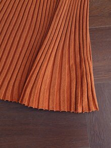 MOTF PREMIUM WOMEN'S AUTUMN/WINTER HIGH COLLAR SOLID COLOR RIBBED KNIT SWEATER DRESS, BELT NOT INCLUDED - Brown - View 8